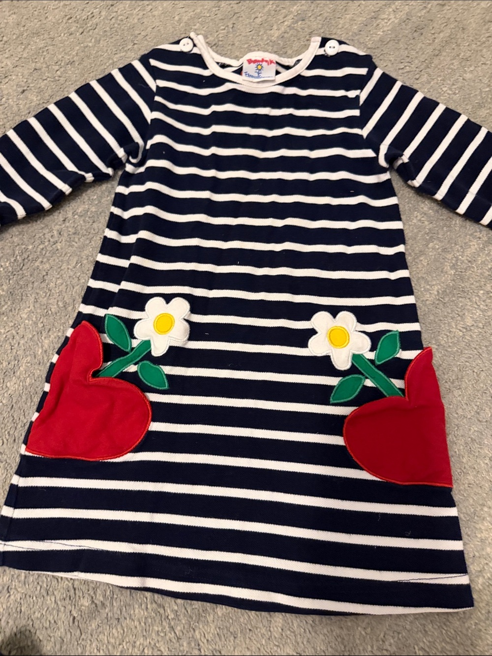 Florence Eiseman Navy and White Striped Dress with Red Heart Pockets